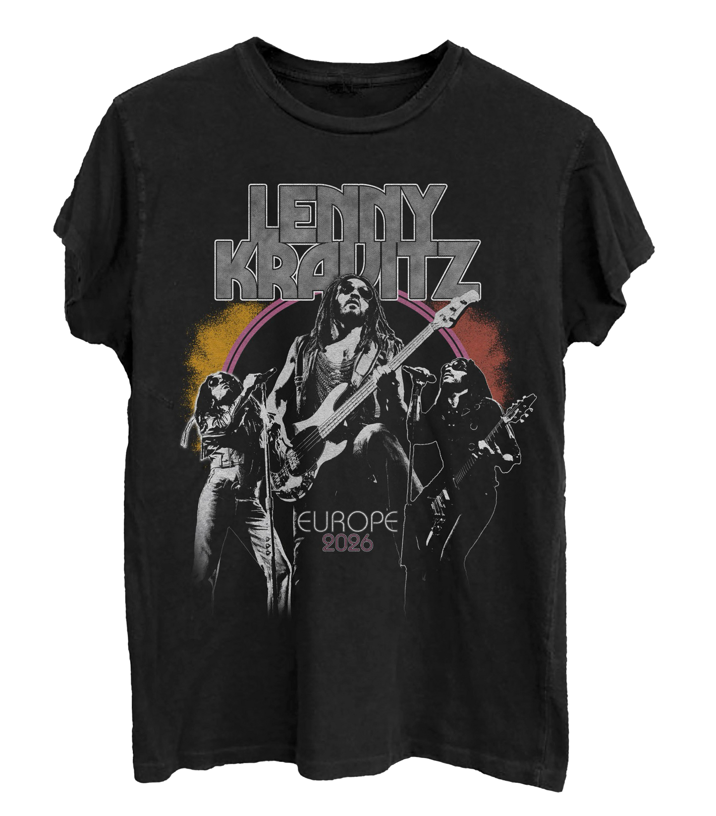 Black t-shirt with graphic design of a musician playing guitar and text 'Lenny Kravitz Europe 2026' on a white background.