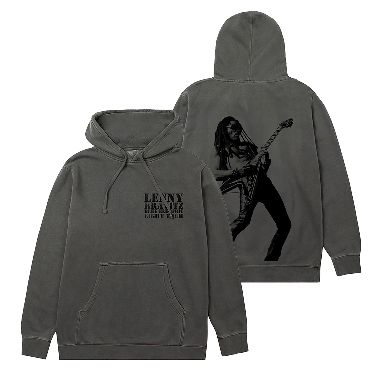 Faded black hoodie with Lenny Kravitz Blue Electric Light Tour logo on the front and a bold black graphic of Lenny playing guitar on the back