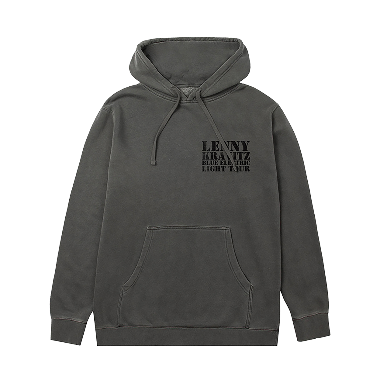 Faded black hoodie with Lenny Kravitz Blue Electric Light Tour logo on the front .
