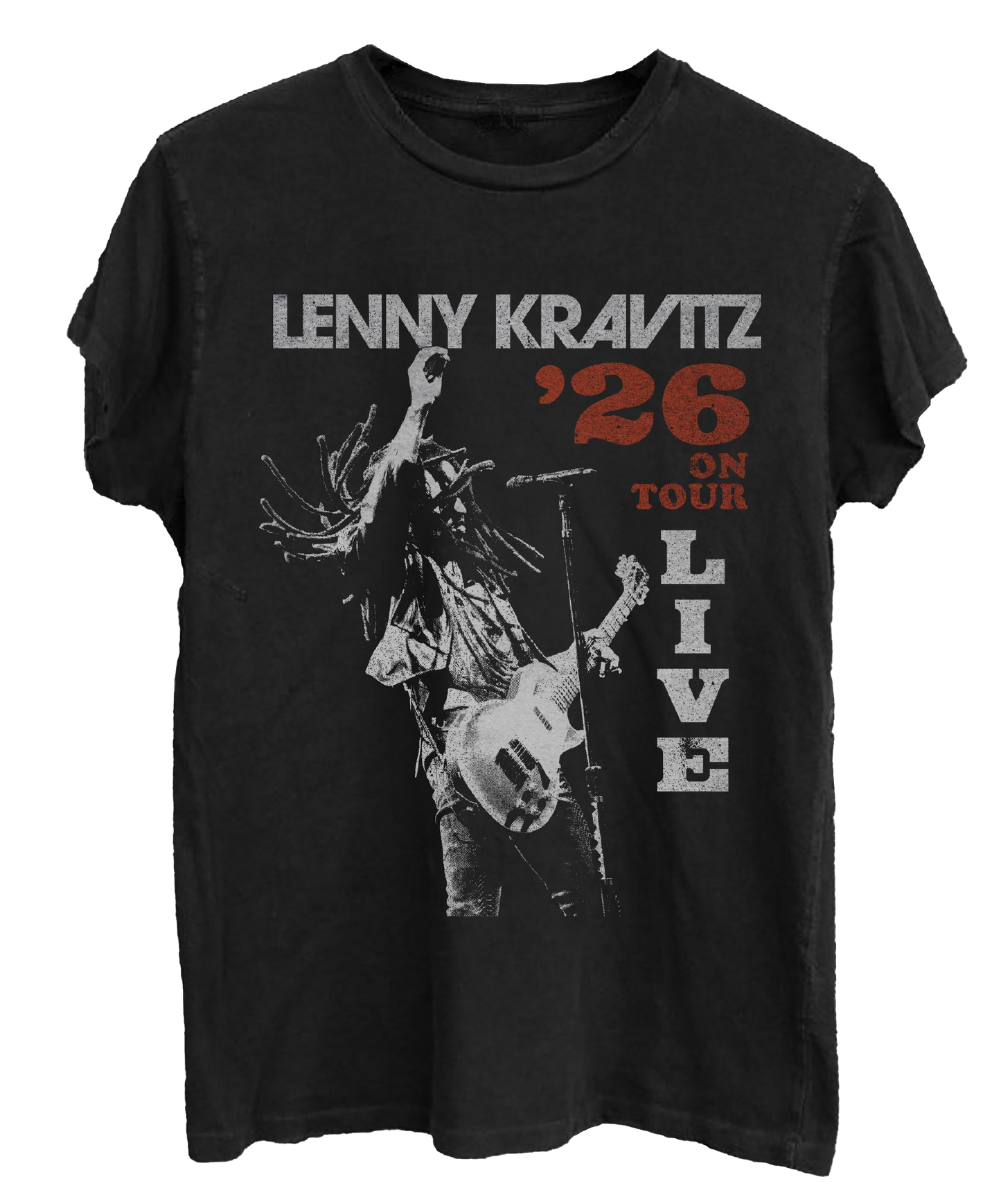 Black t-shirt with Lenny Kravitz graphic and text on a white background