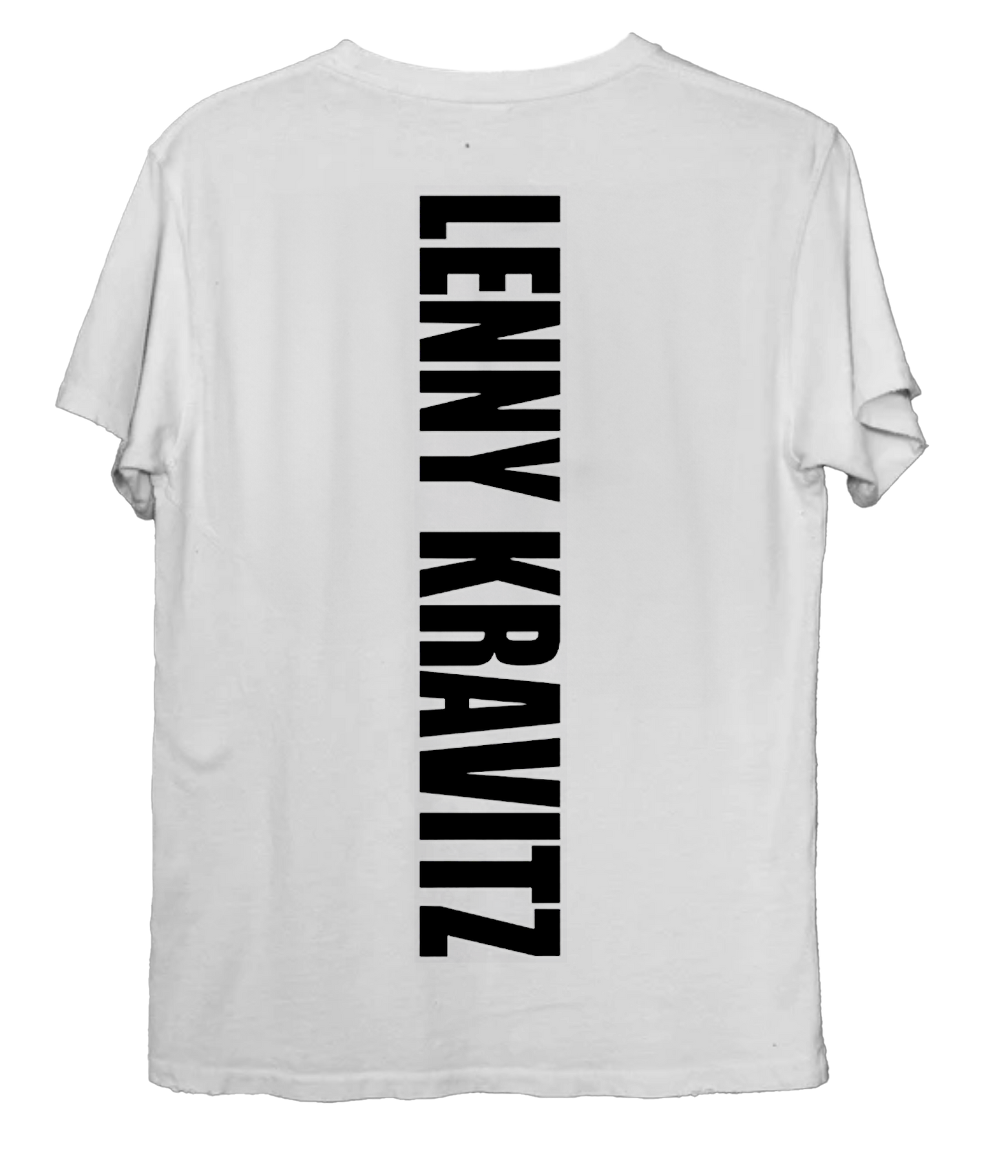 White t-shirt with 'LENNY KRAVITZ' printed vertically on the back against a white background