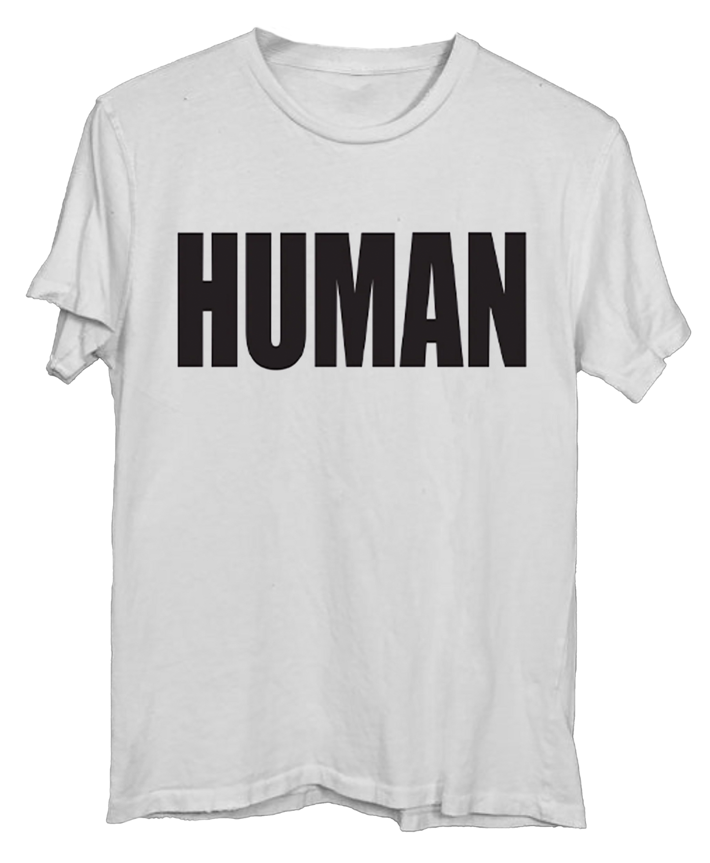 White t-shirt with bold black “HUMAN” text across the front.