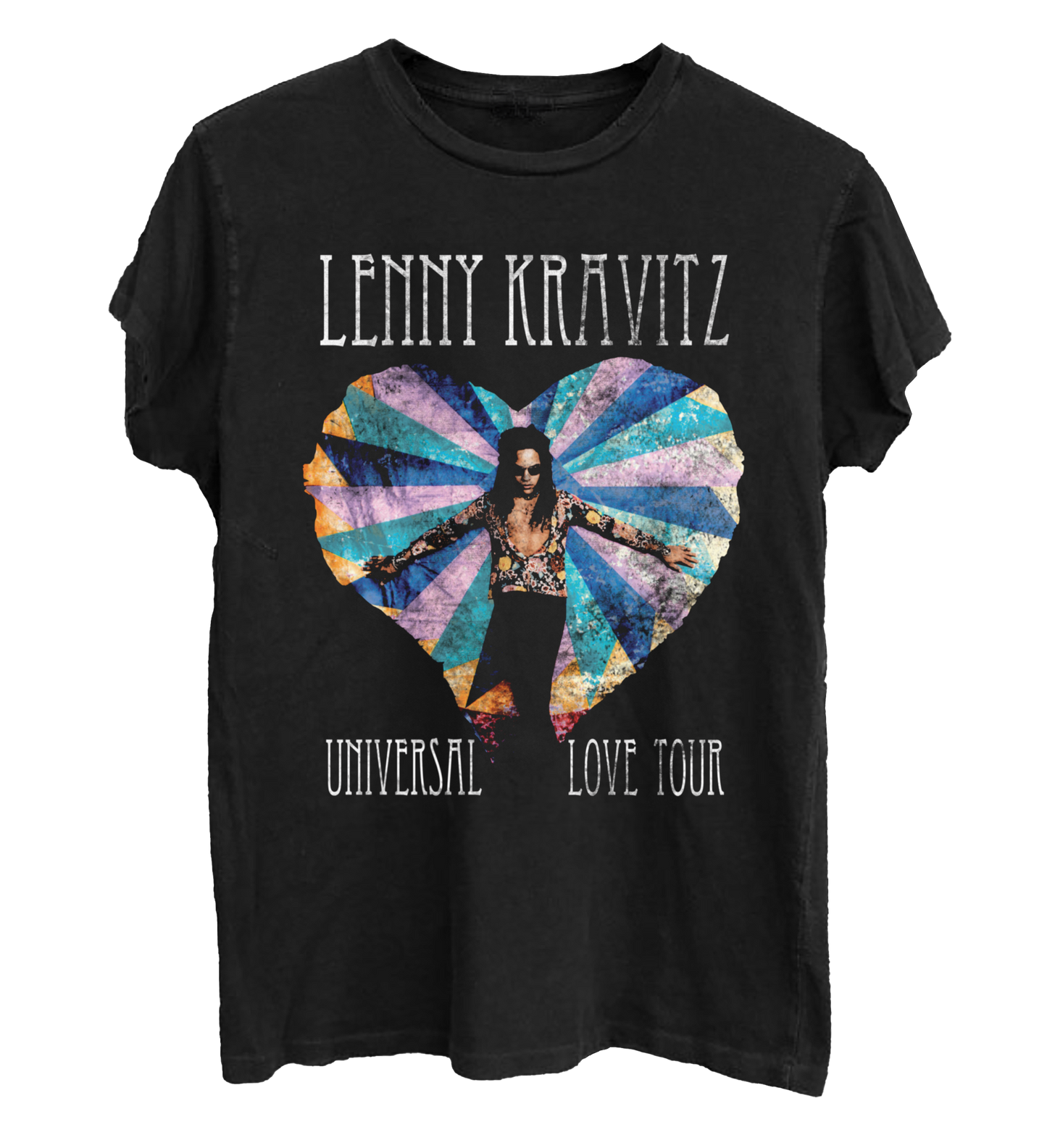 Black t-shirt with colorful heart design and Lenny Kravitz Universal Love Tour text.