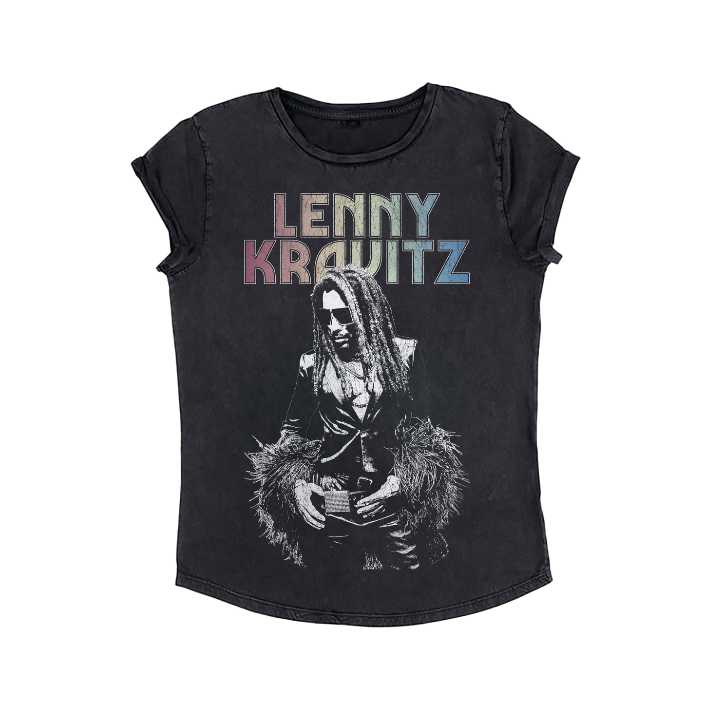 Black women’s T-shirt with retro rainbow “Lenny Kravitz” text and graphic of Lenny in sunglasses and feathered jacket