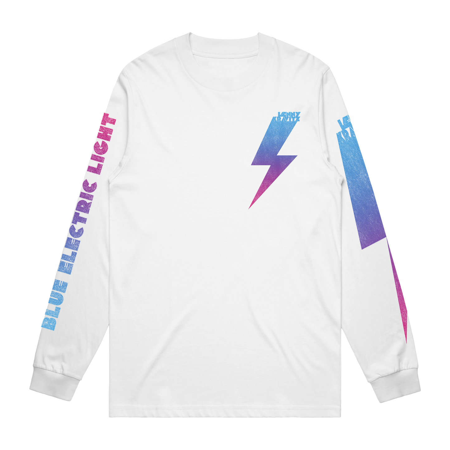 White long sleeve tee with lightning bolt graphic in pink and blue tones and “BLUE ELECTRIC LIGHT” lettering on the arm.