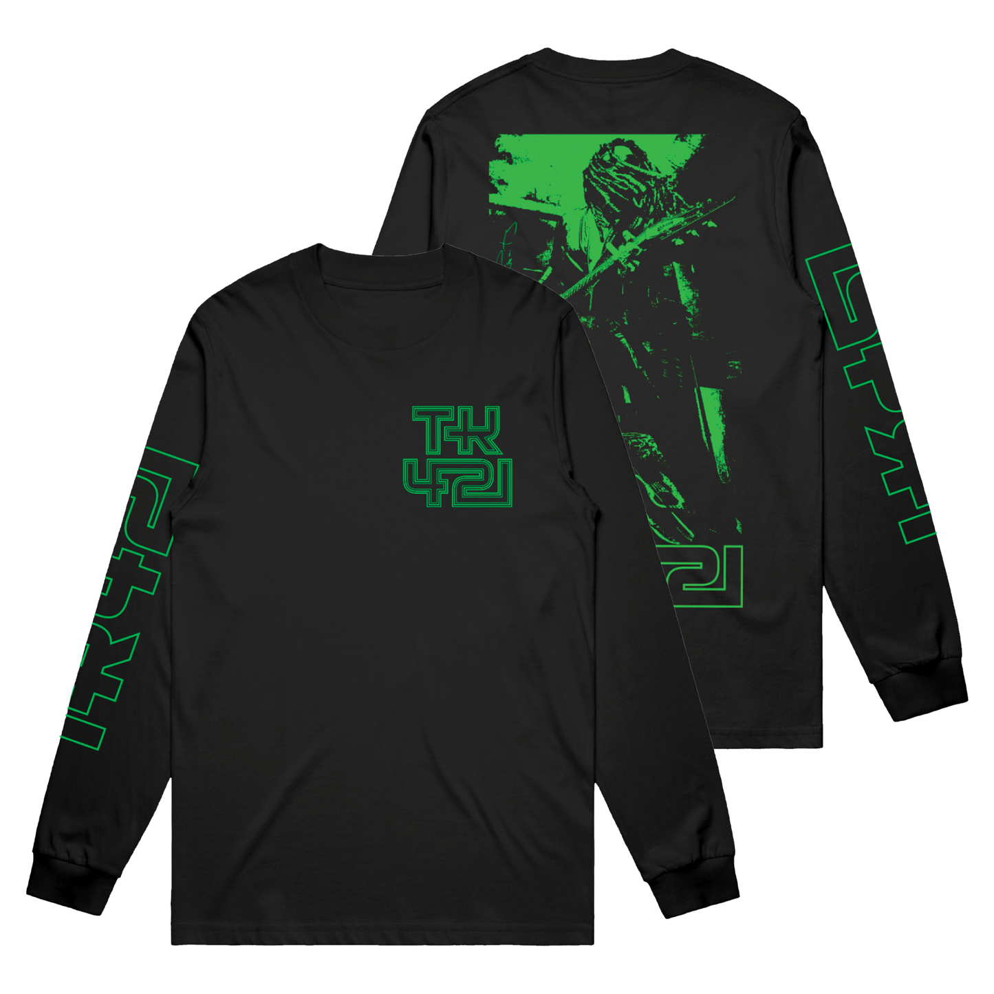 Black long sleeve shirt featuring bold green "TK421" graphics on the chest and sleeves, with a stylized electric green portrait on the back.