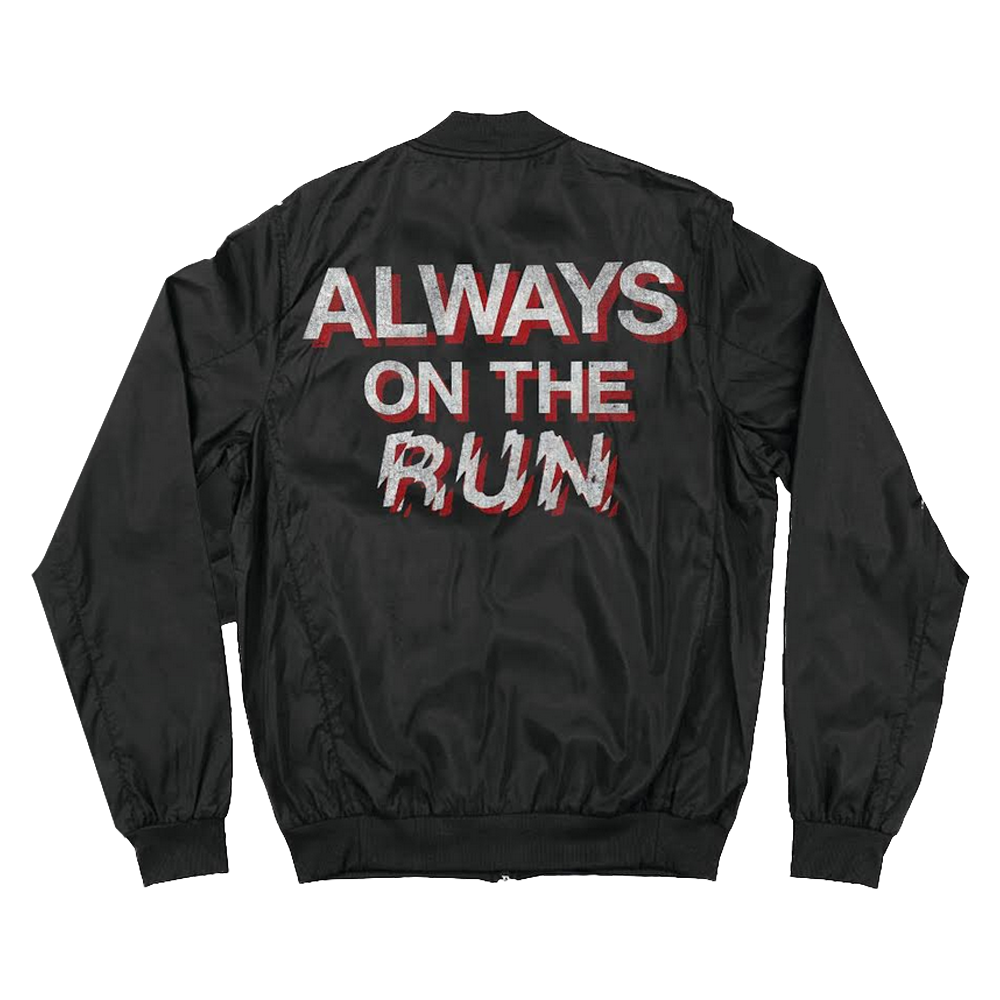 Black lightweight bomber featuring metallic red and white “ALWAYS ON THE RUN” back design