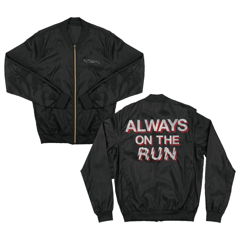 Black lightweight bomber featuring metallic red and white “ALWAYS ON THE RUN” back design and signature chest logo