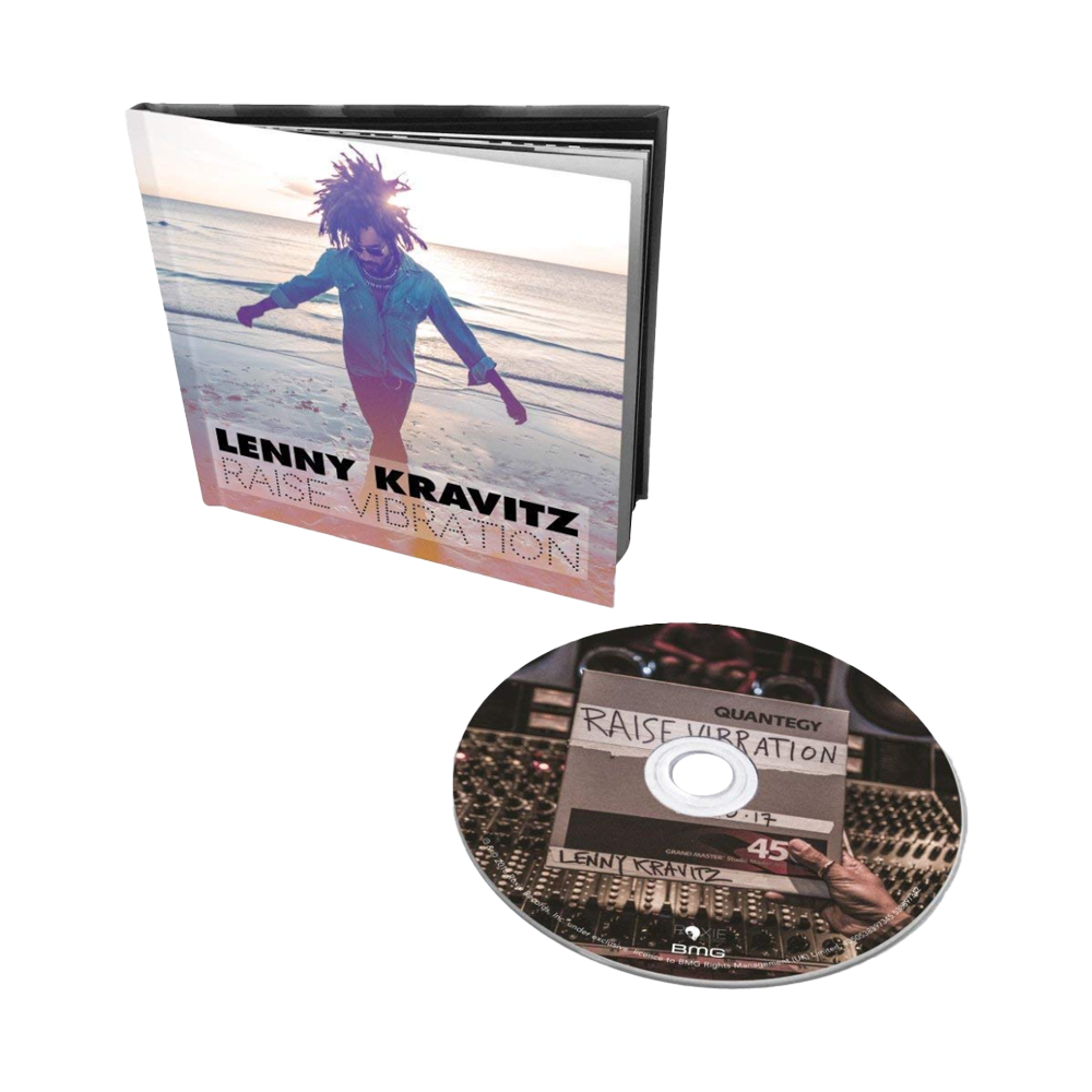 Physical CD and case for Raise Vibration by Lenny Kravitz, showing dynamic beach cover photo and a retro-styled studio-themed disc