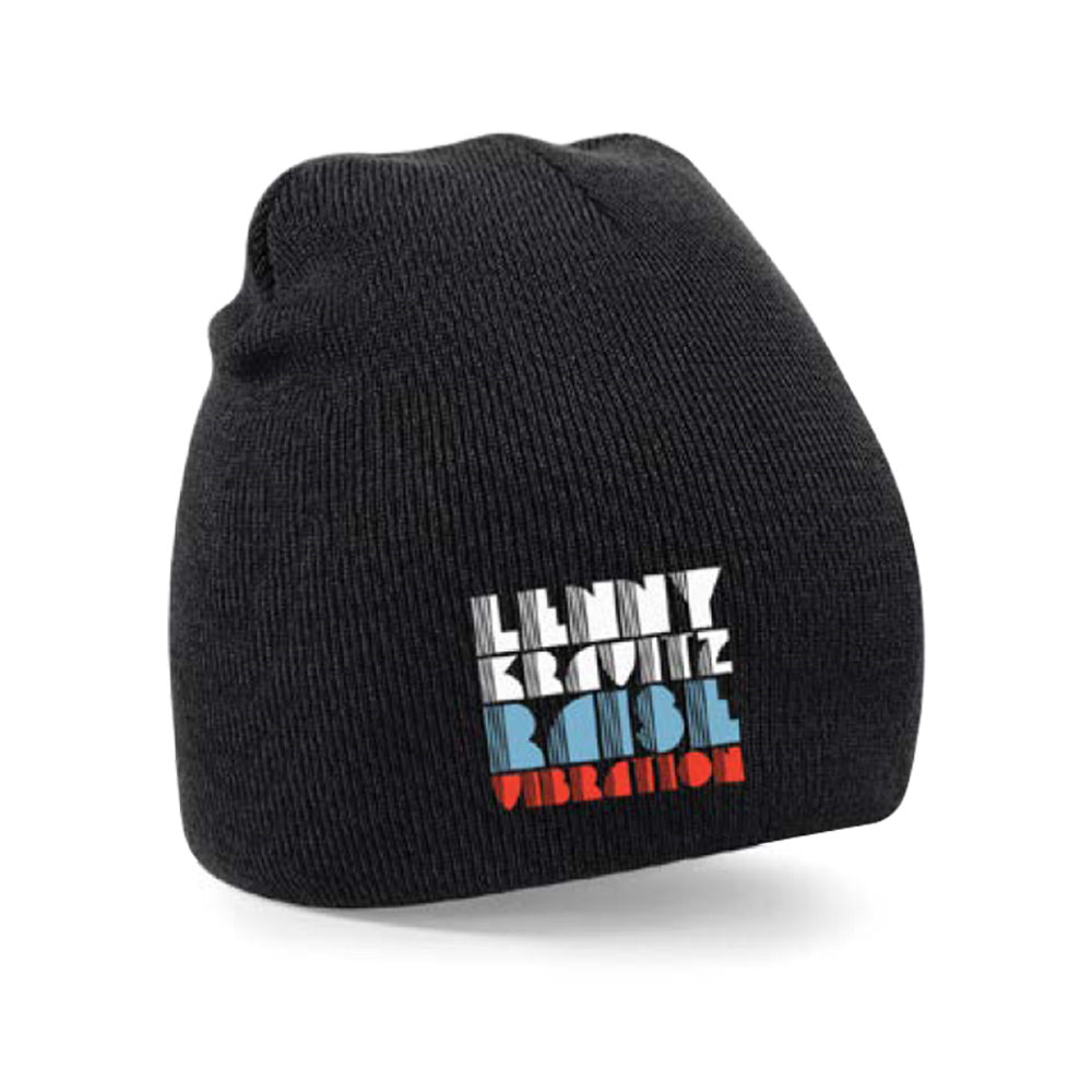 Black knit beanie with colorful stacked “Lenny Kravitz Raise Vibration” text in white, blue, and red.