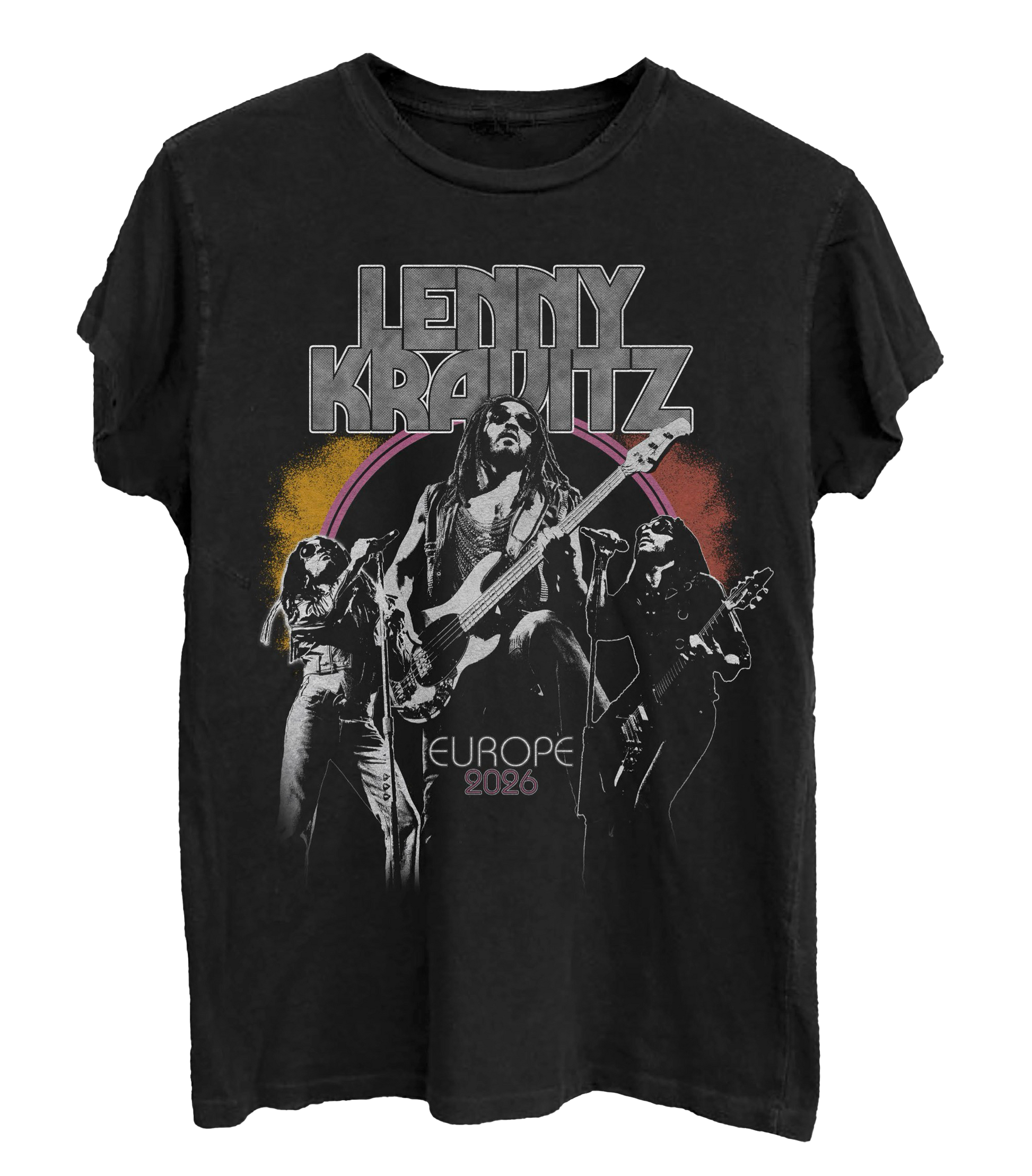 Black t-shirt with graphic design of a musician playing guitar and text 'Lenny Kravitz Europe 2026' on a white background.