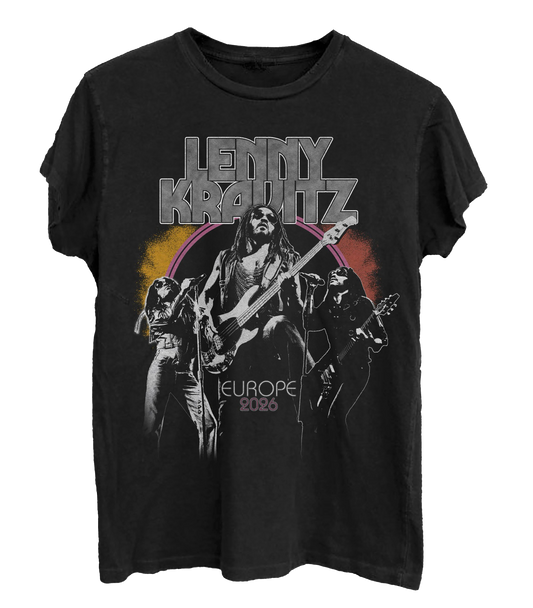 Black t-shirt with graphic design of a musician playing guitar and text 'Lenny Kravitz Europe 2026' on a white background.