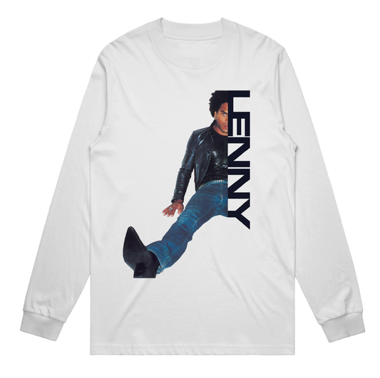 White long-sleeve shirt with a graphic of a person and 'Lenny' text on a white background