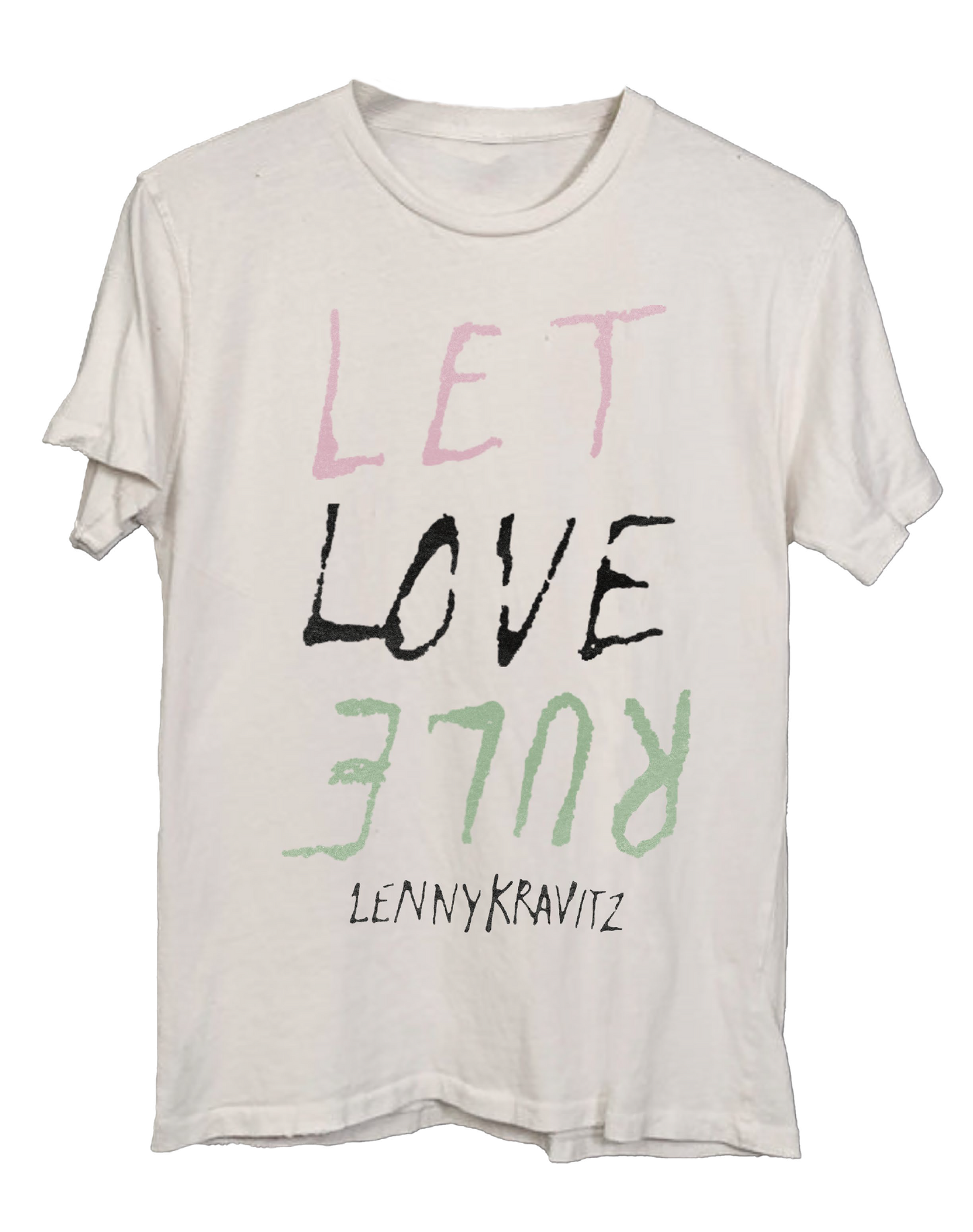 White t-shirt with 'Let Love Rule' text in pink, black, and green on a white background