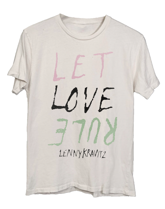 White t-shirt with 'Let Love Rule' text in pink, black, and green on a white background