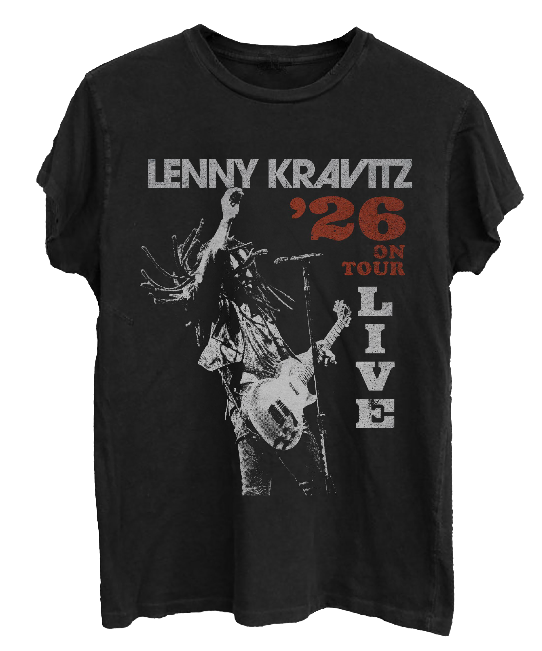 Black t-shirt with Lenny Kravitz graphic and text on a white background