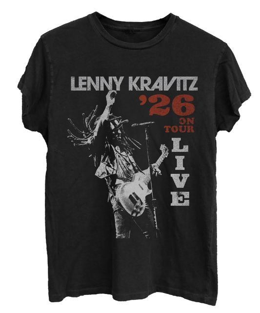 Black t-shirt with Lenny Kravitz graphic and text on a white background