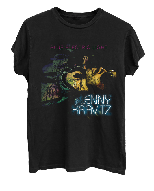 Black distressed t-shirt featuring a colorful, high-contrast photo of Lenny Kravitz lying down, with “BLUE ELECTRIC LIGHT” and neon-style “LENNY KRAVITZ” text
