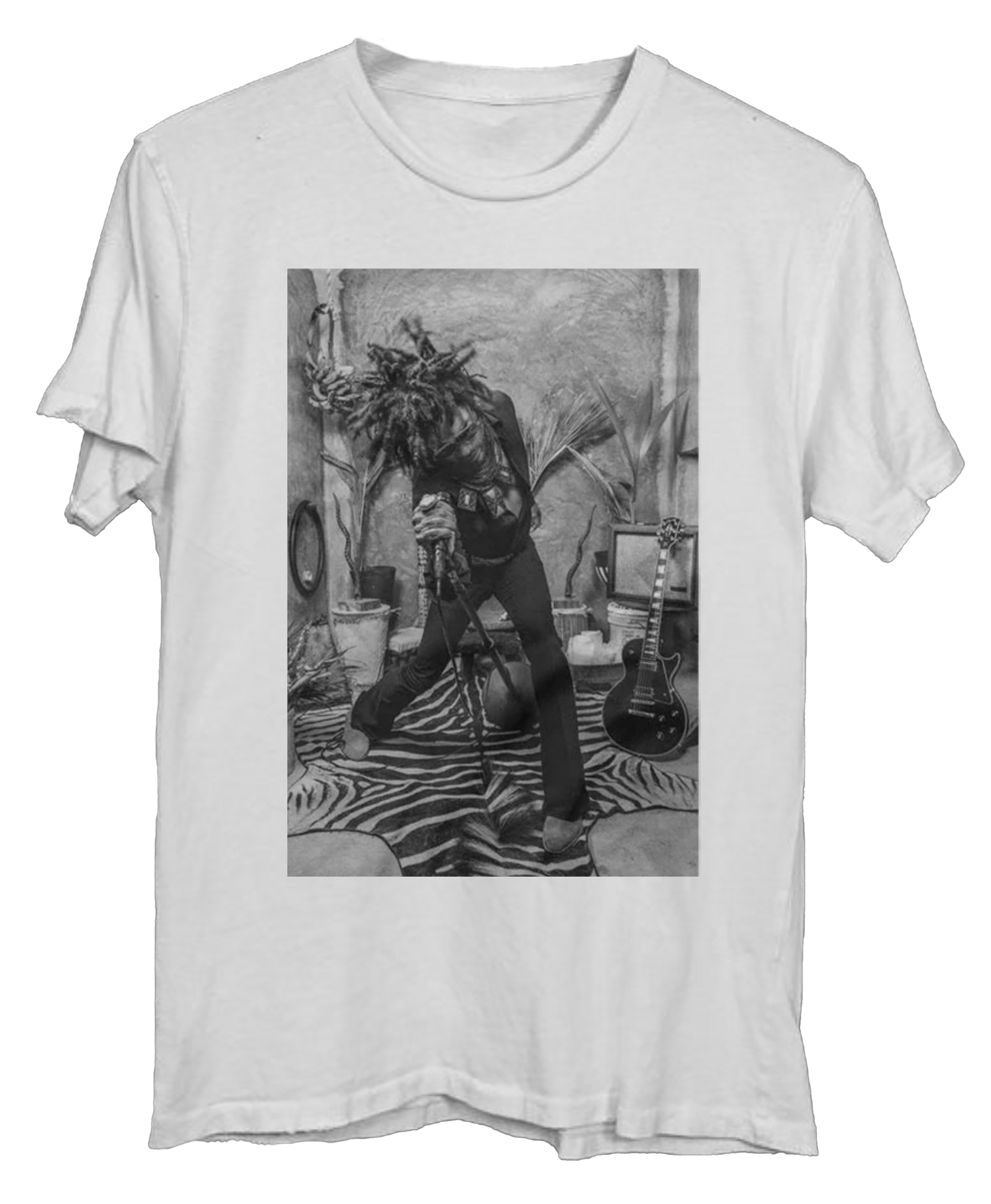 White t-shirt with a black-and-white image of Lenny Kravitz mid-performance, leaning into a mic stand on a zebra rug.