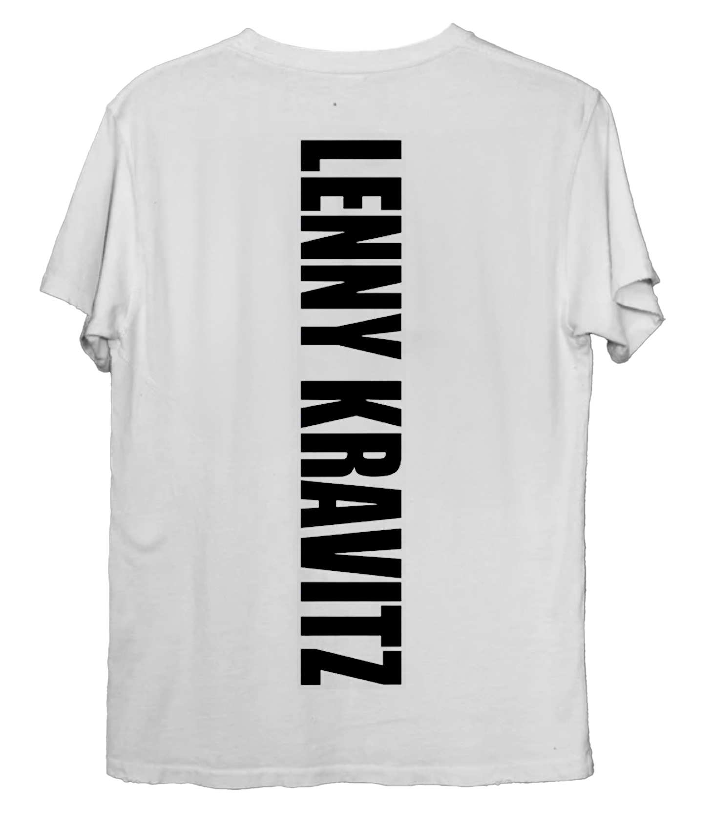 White t-shirt with 'LENNY KRAVITZ' printed vertically on the back against a white background