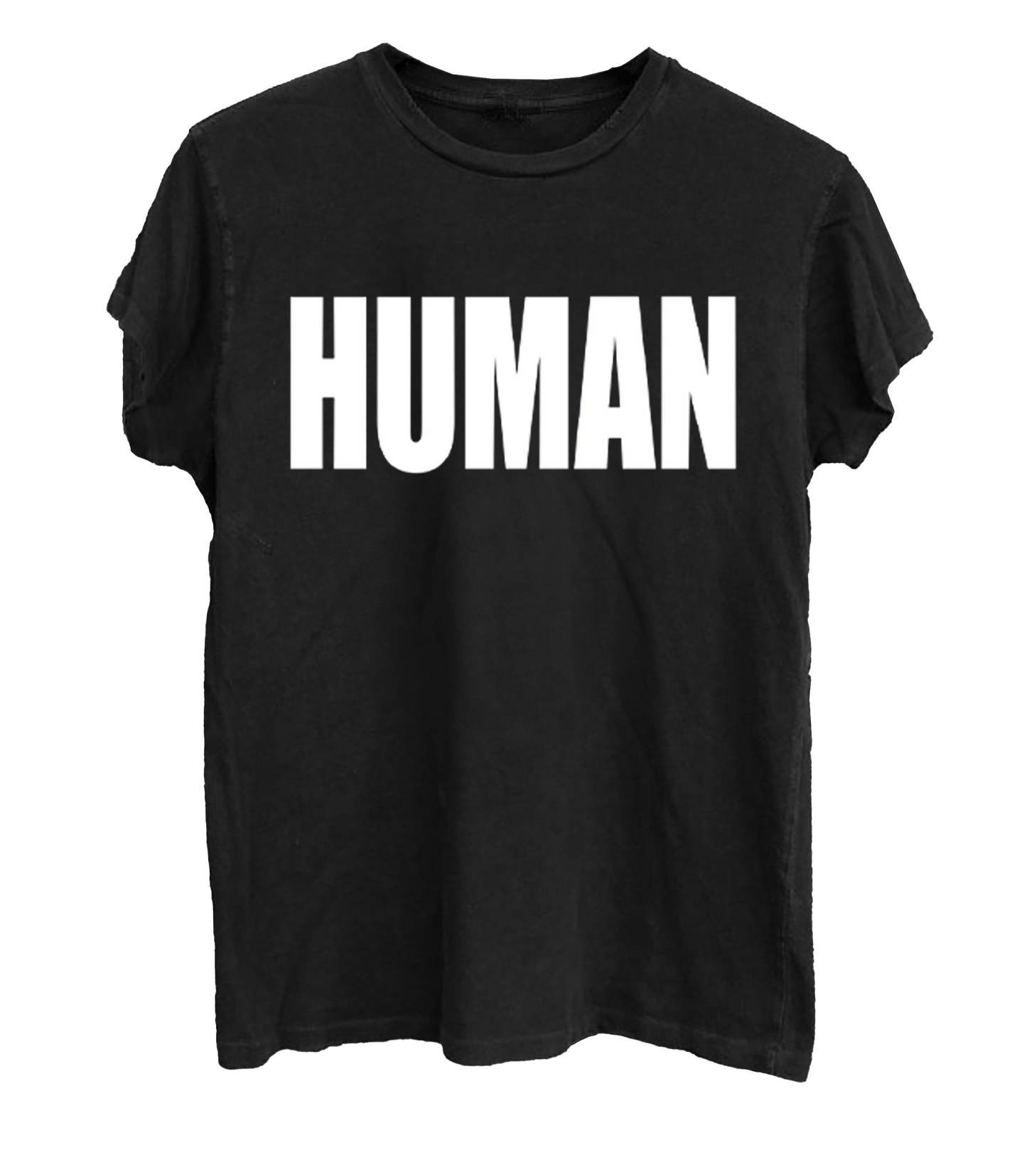 Black t-shirt with 'HUMAN' printed in white on a white background