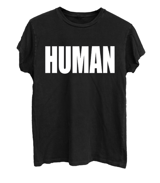 Black t-shirt with 'HUMAN' printed in white on a white background