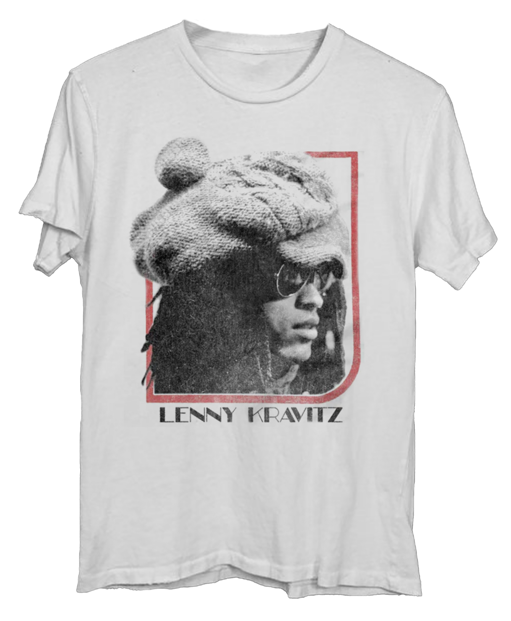 White t-shirt with a graphic of Lenny Kravitz wearing sunglasses and a beanie on a white background