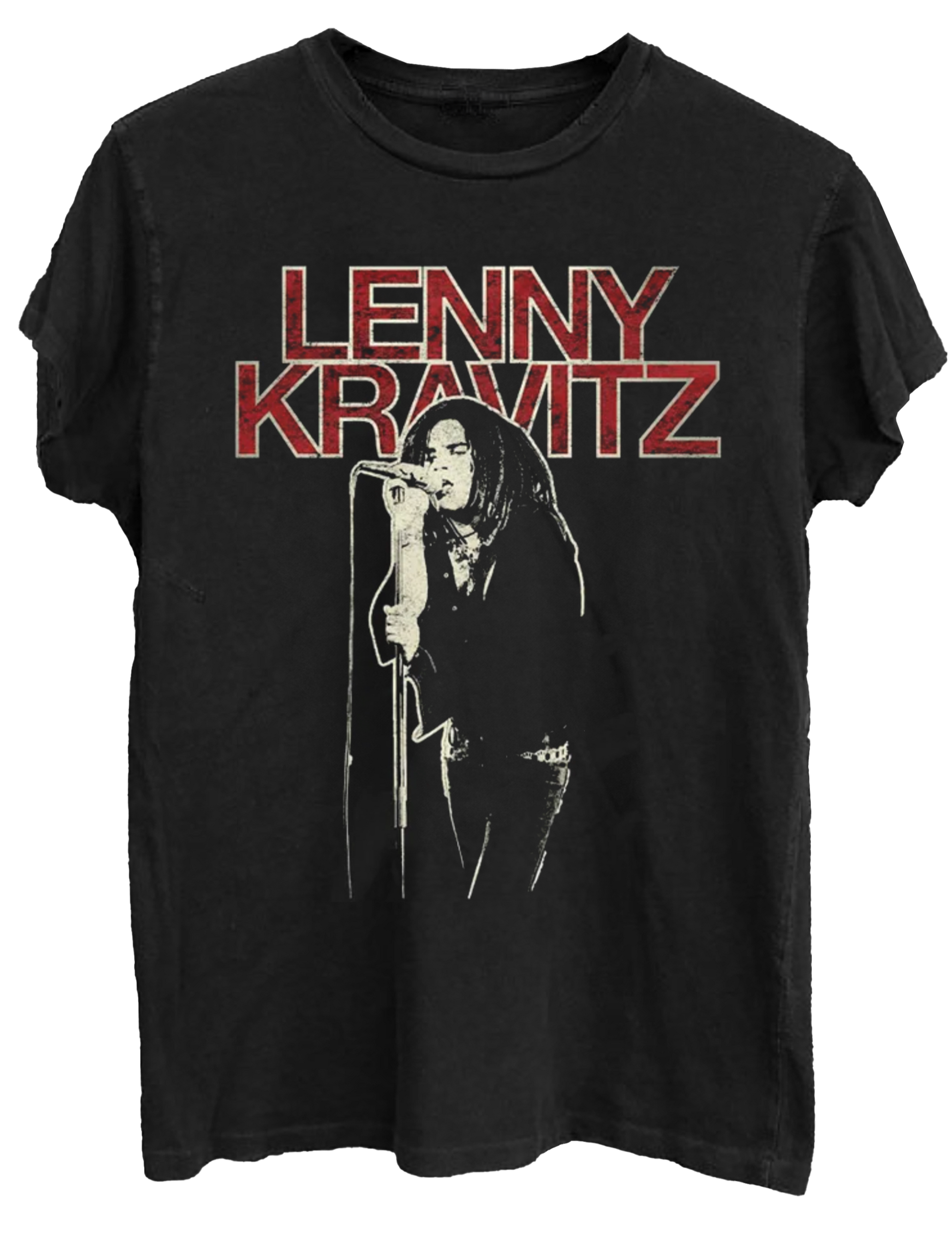Black t-shirt with a vintage-style print of Lenny Kravitz singing into a mic, bold red text reading “LENNY KRAVITZ” above the image