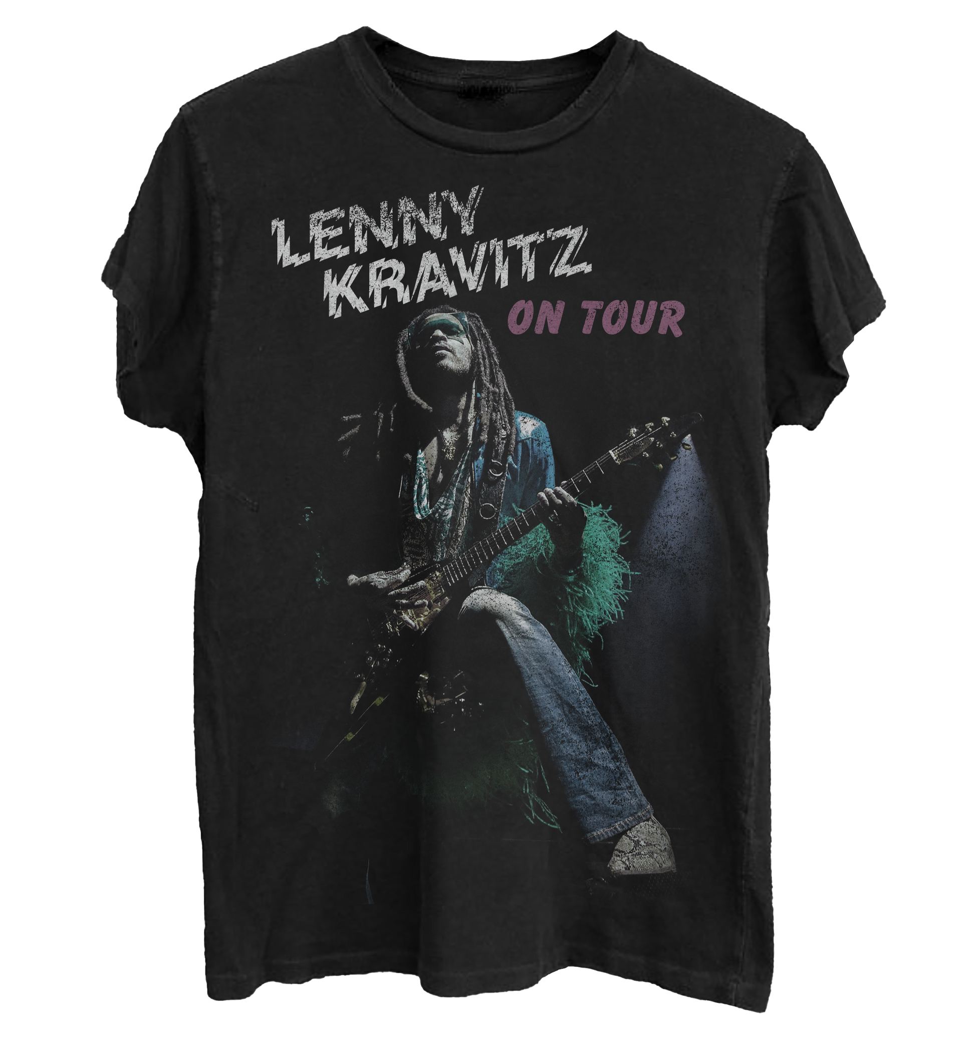 Black t-shirt with Lenny Kravitz graphic and 'On Tour' text 