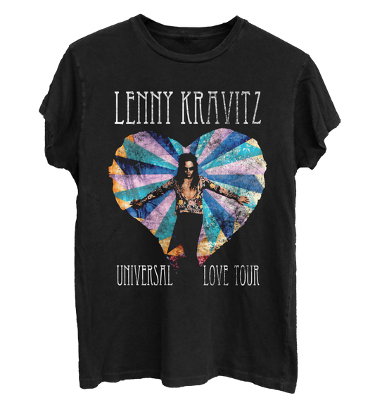Black t-shirt with colorful heart design and Lenny Kravitz Universal Love Tour  text. 