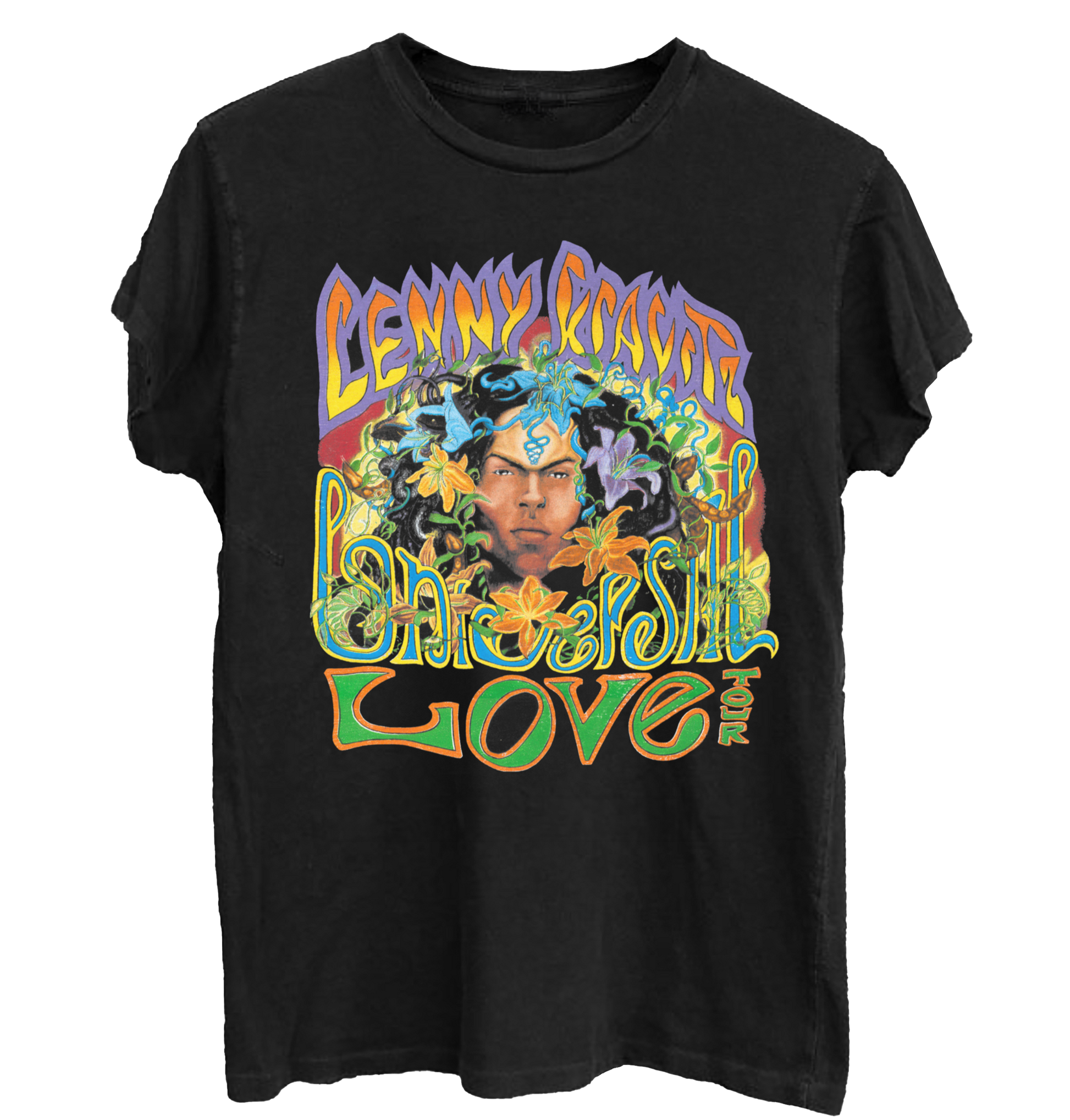 Black t-shirt with colorful graphic design featuring a face and Lenny Kravitz Universal Love Tour text on a white background