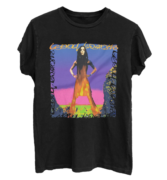 Black t-shirt with a colorful graphic design and Lenny Kravitz text. 