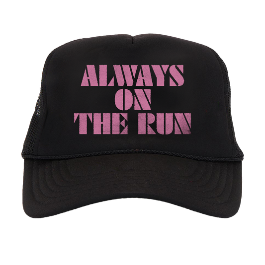 Black cap with pink text 'ALWAYS ON THE RUN'.