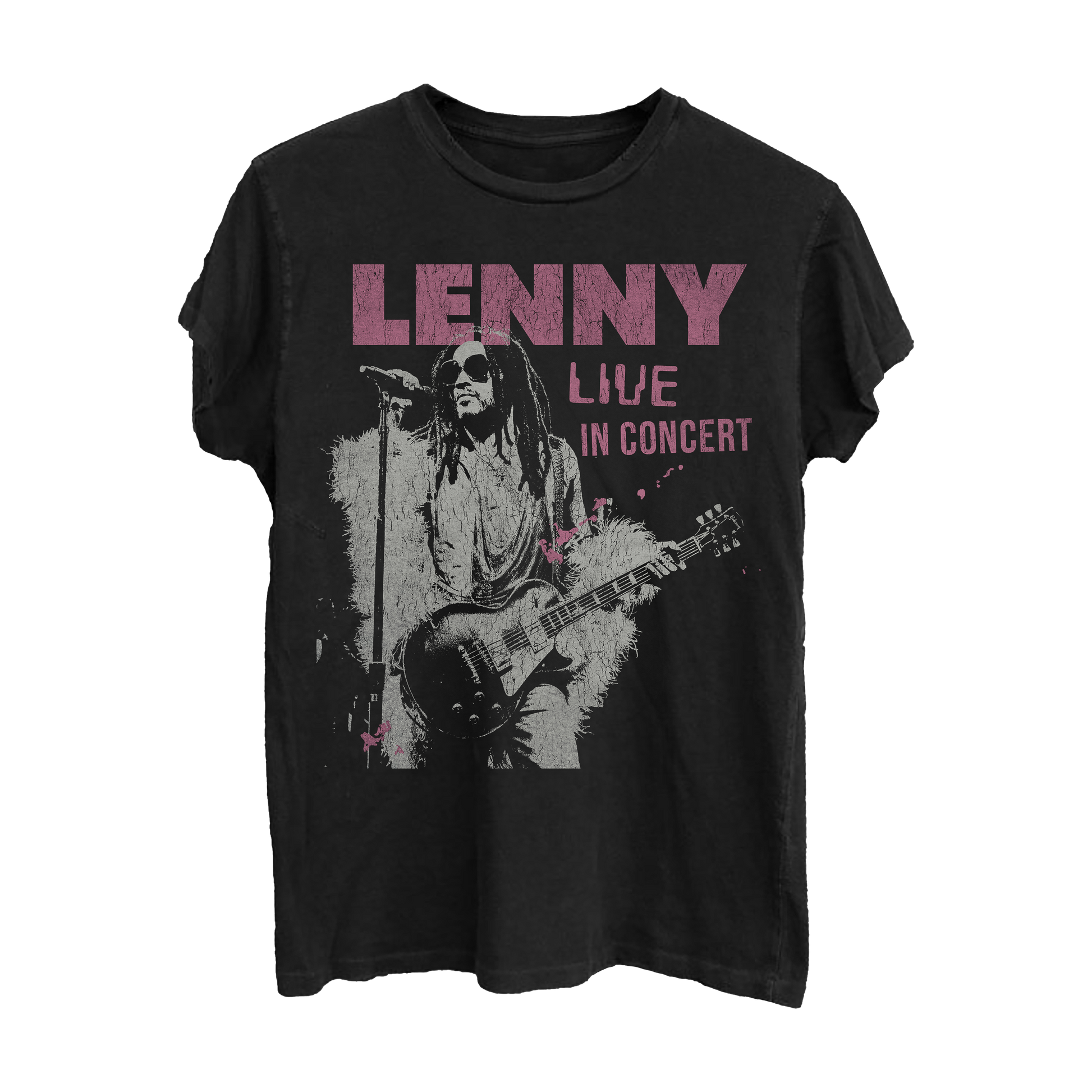Black Lenny Kravitz T-shirt with vintage-style “Live in Concert” graphic showing Lenny singing and playing guitar.