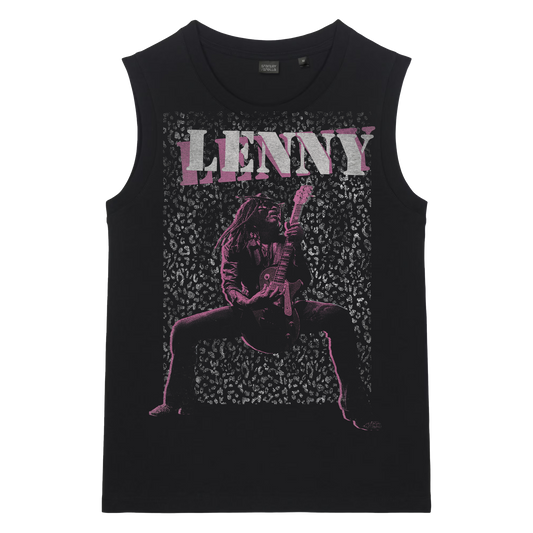Black sleeveless shirt with 'LENNY' text and graphic design on a white background