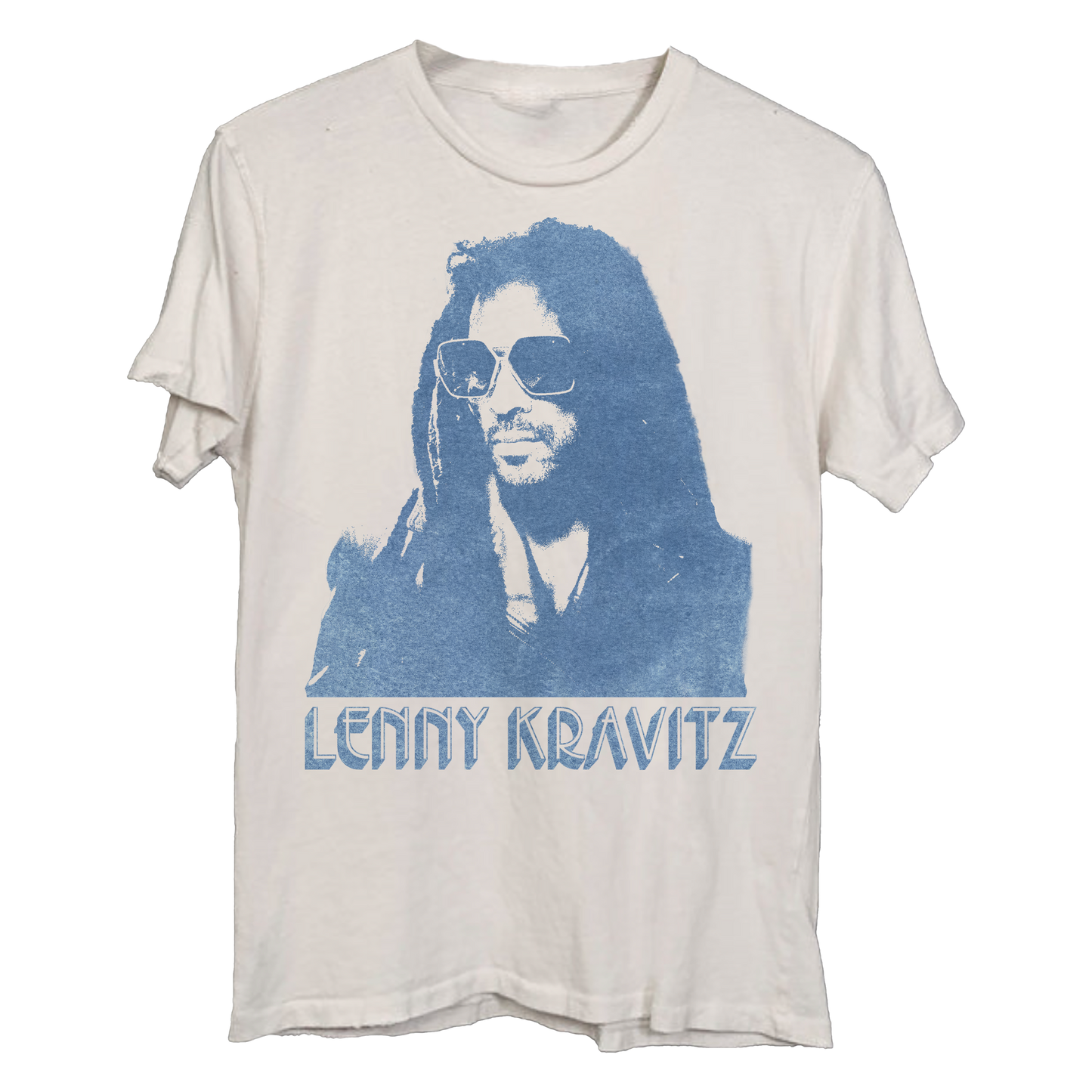 T-shirt with a graphic of Lenny Kravitz in blue on a white background