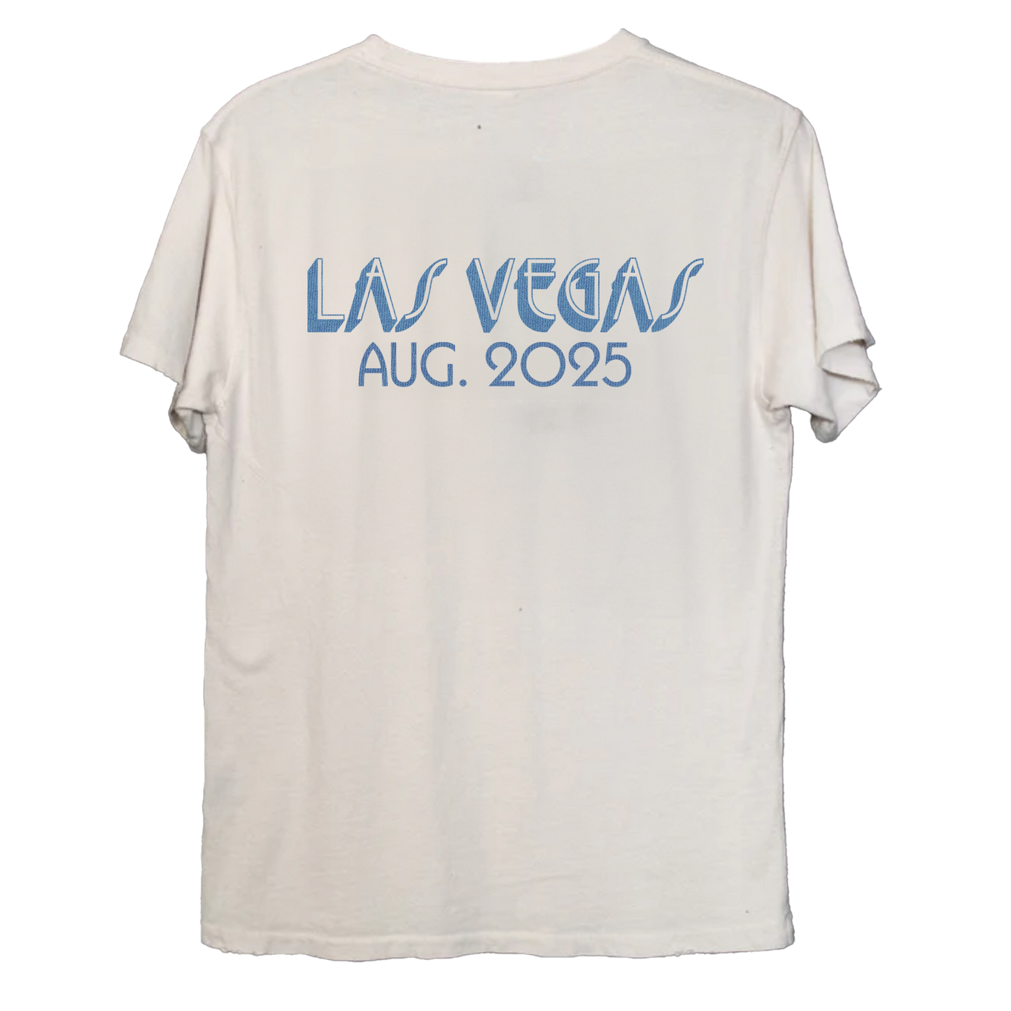 White t-shirt with 'Las Vegas Aug. 2025' text in blue on a white background
