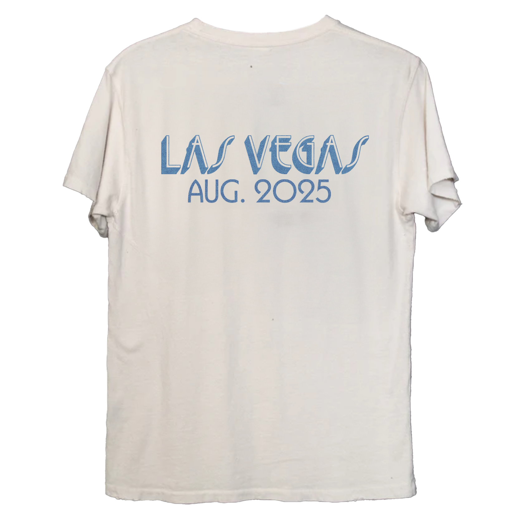 White t-shirt with 'Las Vegas Aug. 2025' text in blue on a white background