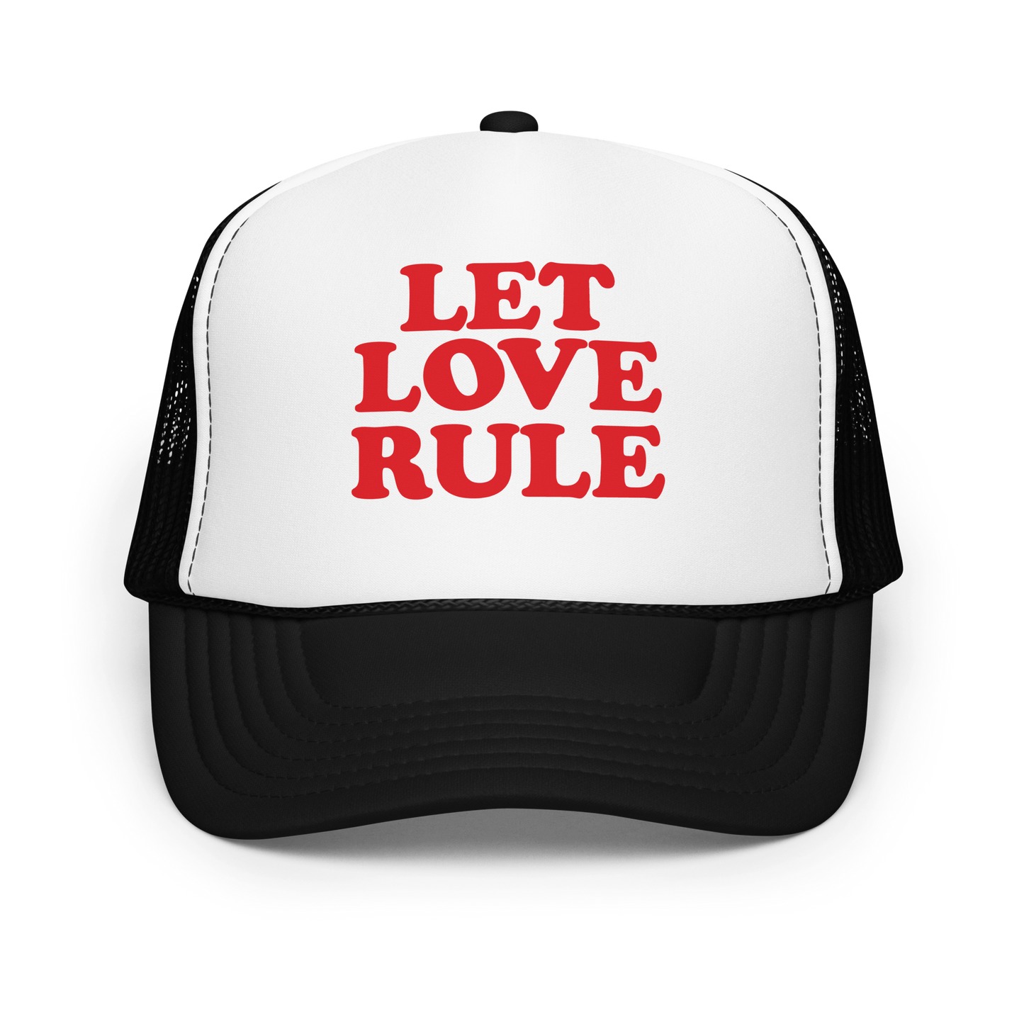 Trucker hat with 'LET LOVE RULE' text on a white background
